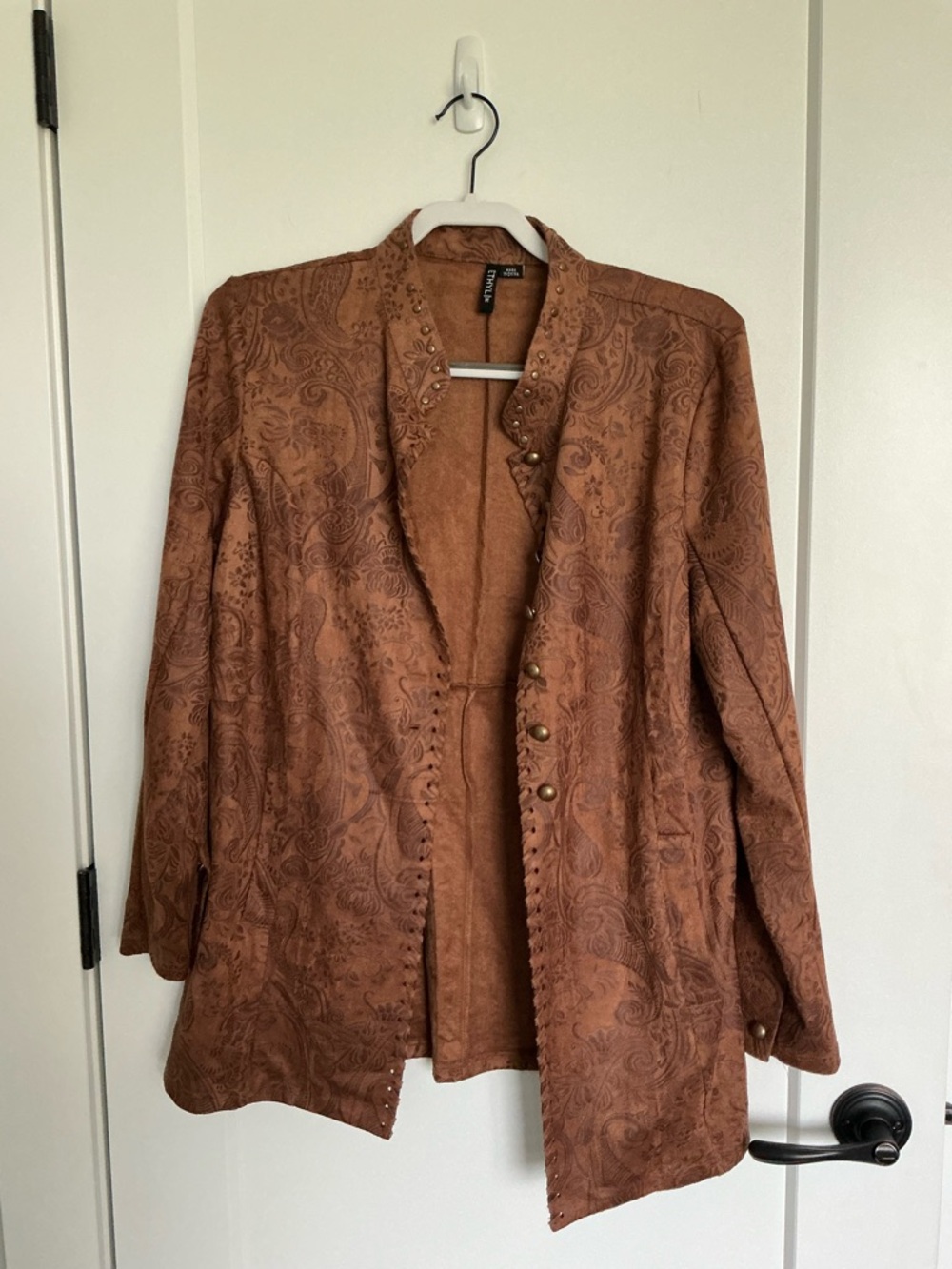 Embroidered Faux-Suede Open Front Jacket — Brown